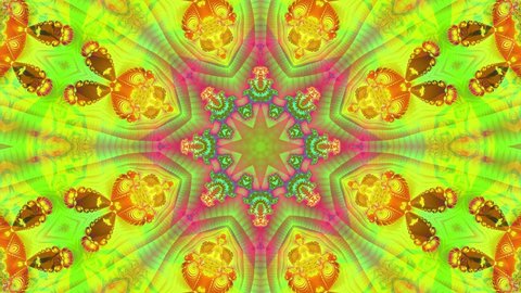 Orange kaleidoscope sequence patterns. 4k Abstract multicolored motion graphics background. Or for yoga, clubs, shows, mandala, fractal animation. Beautiful bright ornament. Seamless loop.