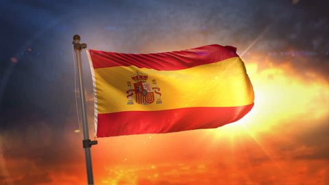 Spain Flag Backlit At Beautiful Sunrise Loop Slow Motion 4K