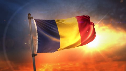 Romania Flag Backlit At Beautiful Sunrise Loop Slow Motion 4K