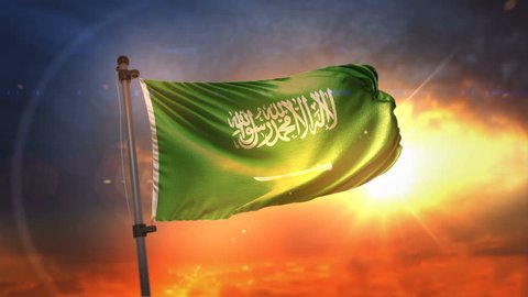 Saudi Arabia Flag Backlit At Beautiful Sunrise Loop Slow Motion 4K