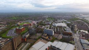 Aerial Footage of Old Trafford Cricket Ground Sporting Venue and Manchester Urban City View 4K
