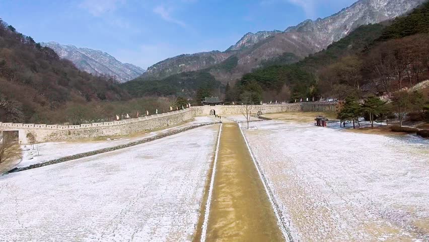Mungyeong Saejae Pass Mountain Fortress Wall Winter, South Korea, Aerial