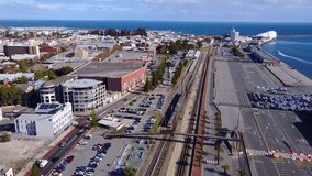Aerial 4K video of the center of Fremantle and the WA Maritime Museum on the background.