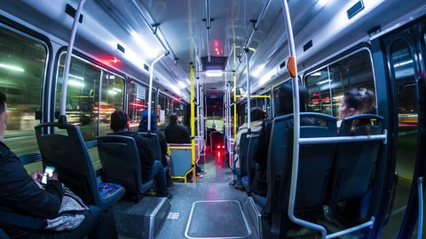 BUENOS AIRES, ARGENTINA – SEPTEMBER 12: Time-lapse view of a journey with the public transport bus at night on September 12, 2016 in Buenos Aires, Argentina.
