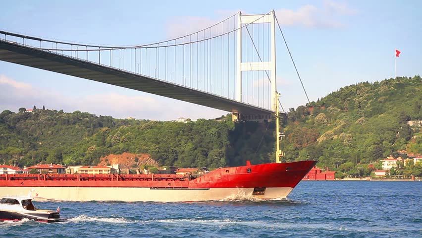 Red cargo ship sailing under Bosporus Bridge