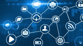 Beautiful Digital Blue Interface with Icons and Links Growing over the Business Graphs and Charts. Cyberspace Media Environment. Tech and Financial Concept. 4k UHD 3840x2160. - Powered by Shutterstock - Get 15% off with code: PIKWIZARD15