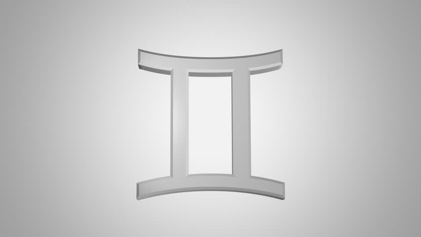 Gemini (The Twins) zodiac symbol rotates on a gray background. Seamless looping. Luma matte included.