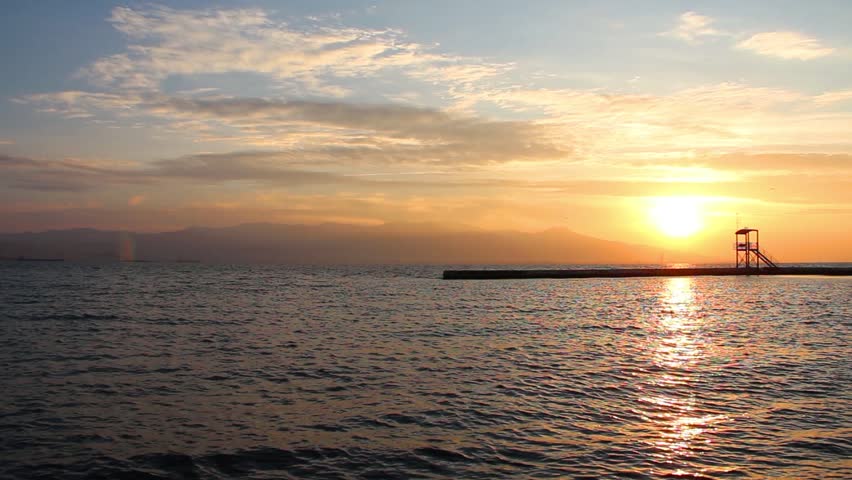 1920x1080 25 Fps. Very Nice Yellow Sunset At The Port And Sea View Video.