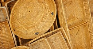 Many. handmade baskets. displayed for sale at a local public market in Bali. Indonesia. Stock footage 4k
