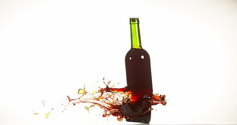 Bottle of Red Wine Breaking and Exploding against White Background, Slow motion 4K