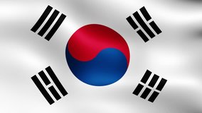 Flag of South Korea, fluttering in the wind. Seamless looping video. 3D rendering. It is different phases of the movement close-up flag in the wind. 4K, 3840x2160.