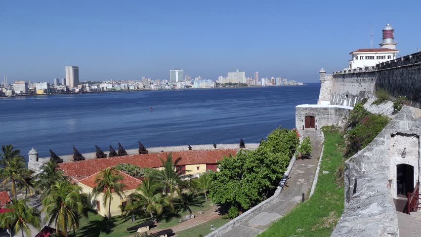 View of Havana, Cuba from El Morro Castle. Malecon promenade, La Habana skyline, Cuban capital city. Urban landscape with old monument, landmark, Caribbean sea