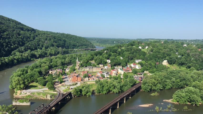 Aerial view of the town of Harpers Ferry, West Virginia, which includes Harpers Ferry National Historical Park, located between the Potomac River and the Shenandoah River.