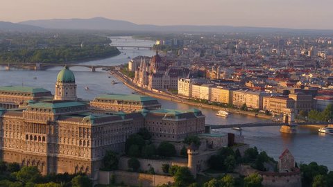 Aerial view of downtown Budapest in sunset