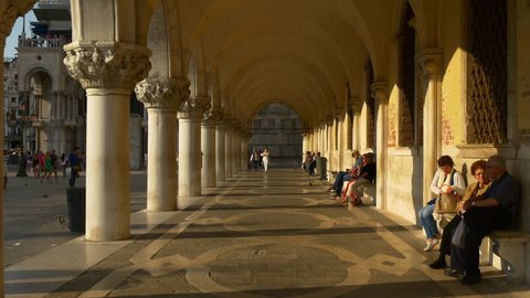 VENICE, ITALY - OCTOBER 2016: city sunset light St Mark's Square bay ducale palace walking panorama 4k circa october 2016 venice, italy.