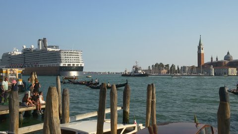 VENICE, ITALY - OCTOBER 2016: St Mark's Square bay ducale palace cruise liner canal view sunset panorama 4k circa october 2016 venice, italy.