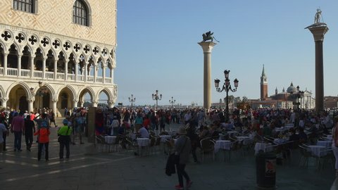 VENICE, USA - OCTOBER 2016: sunset day time ducale palace crowded square restaurant panorama 4k circa october 2016 venice, italy.