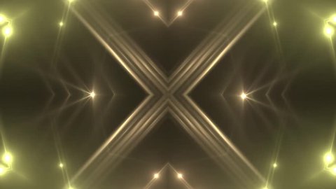 Fractal gold and orange abstract background. Movement of colored rays with disco spectrum lights on black background. Light Tunnel. VJ Footage seamless loop. For background fashion show