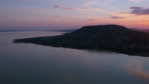 Aerial view of the Badacsony hill near the Lake Balaton in sunset