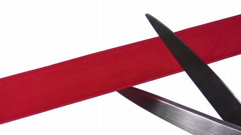 Closeup of red ribbon cutting (isolated on white background, Full HD)