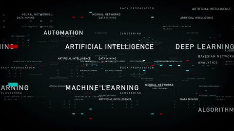 Keywords Artificial Intelligence Black - Important terms about artificial intelligence drift through cyberspace. All clips are available in multiple color options. All clips loop seamlessly.