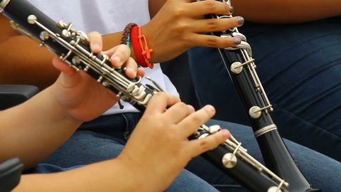 Women playing clarinet flute. Stock Video
