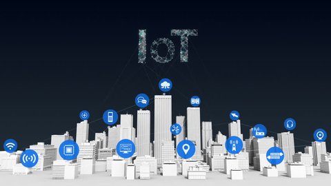 Things sensor icon on Smart city, connecting grid typo 'IOT' concept. white building.