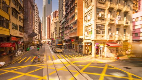 MACAU, HONG KONG - DECEMBER 2016: sunny day hong kong city center famous tram traffic ride panorama 4k time lapse circa december 2016 hong kong, china