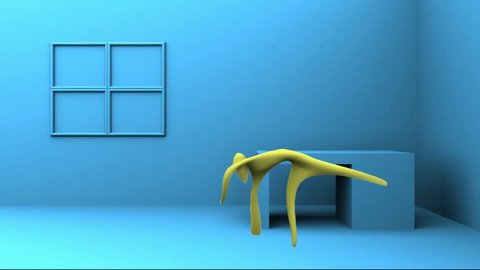 3d animation of figure doing a cartwheel.  happiness