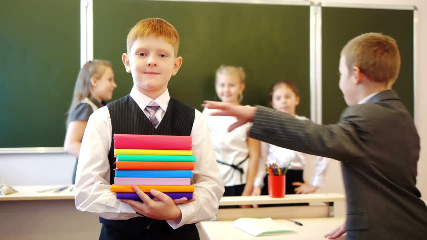 Smart schoolboy holding books and classmates taking them