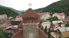 Aerial video of an orthodox church after a wedding
