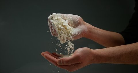 Hands of Man with Flour, Slow motion 4K