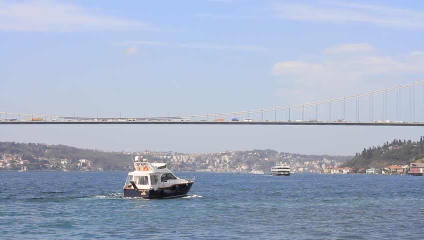 Yacht sails through Bosporus Sea, Istanbul
