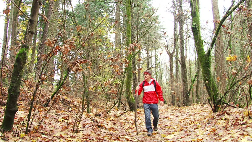 Man hiking up forest trail full of fresh fallen leaves in Oregon forest during