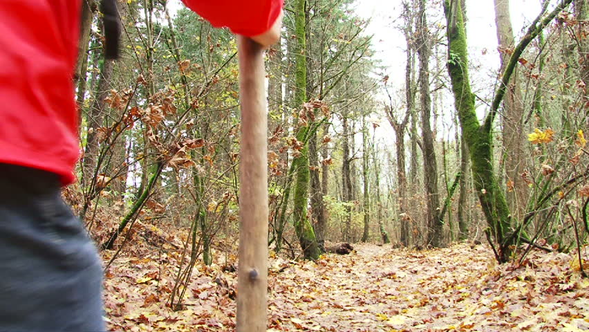 Tilt down to man hiking down forest trail full of fresh fallen leaves in Oregon