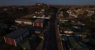 Aerial drone video view of capital Windhoek old cemetery area near Independence Avenue, view of Luxury Hill suburb, town skyline in central highland Khomas Hochland of Namibia, southern Africa