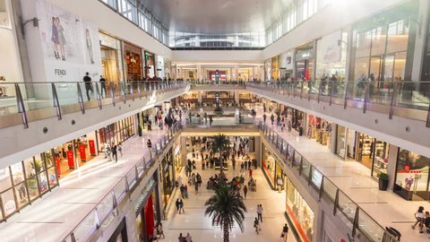 DUBAI, UAE - JANUARY 2017: famous dubai mall shopping hall crowded panorama 4k time lapse uae