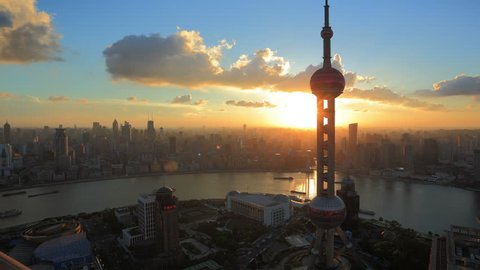  China, Shanghai Skyline at Sunset. Oriental Pearl Tower and Huangpu River.  >>> Please search more similar: " ShanghaiSkyline " .