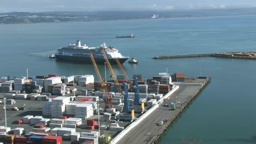 Napier, New Zealand. February 2012. View over Napier port facility with Cruise