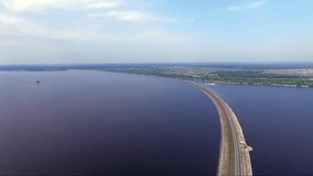 Dam across the river. Aero, aerial video, from the height, the marvelous landscape of the river and the dam