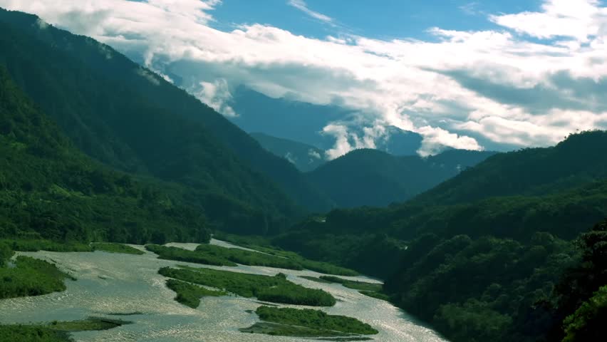 Time lapse over Pastaza river, Ecuador, Tungurahua province. Camera rotates