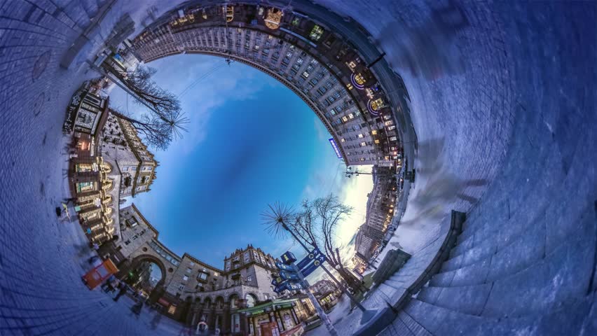 It's Getting Dark on Khreshchatyk, Spherical, Panorama Video 360 Degree Rabbit Hole Planet. Crowd of Citizens and Tourists Are Crossing the Place. Bare Branch Trees, Cobblestone, Facades of Vintage Royalty-Free Stock Footage #27445231