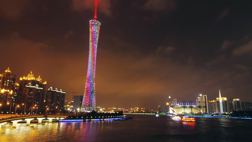 GUANGZHOU - MAY 12: Time lapse of Guangzhou skyline over Pearl River at night on