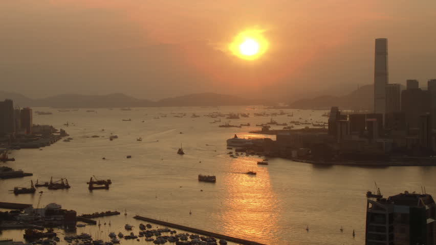 Time lapse of Hong Kong Victoria Harbor at Sunset - - Central District, Victoria
