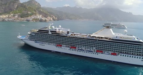 aerial View of Big cruise ship came to Amalfi at Italy