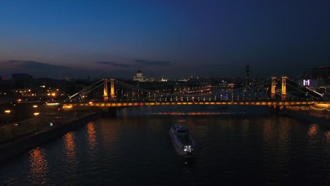 night time moscow river ship traffic krymsky bridge aerial panorama 4k russia