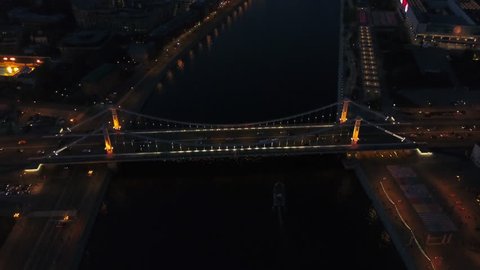 night illuminated moscow river krymsky bridge traffic aerial panorama 4k russia
