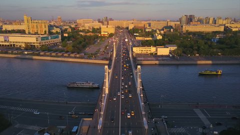 moscow river famous krymsky bridge traffic aerial sunset time panorama 4k russia