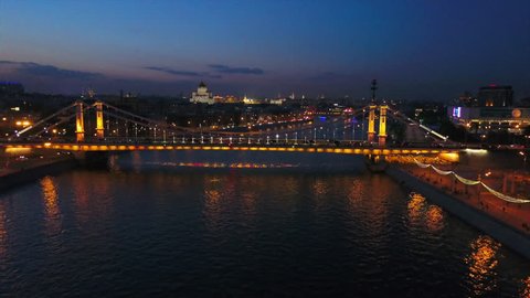 night light moscow river ship traffic krymsky bridge aerial panorama 4k russia