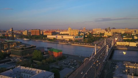 sunset light moscow river famous krymsky bridge traffic aerial panorama 4k russia